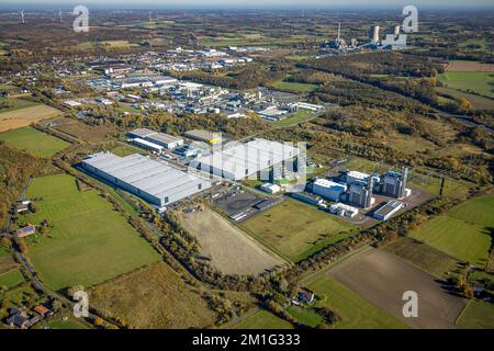 Luftaufnahme, Baustelle Verteilerpark zwischen Trianelstraße und Trianel GasKraftwerk sowie Dubay Polymer GmbH und RWE Kraftwerk Westfa Stockfoto