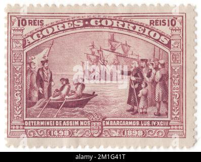 AZOREN - 1898. April 1: Ein 10 Reis grau-lila Briefmarken, der den Einstieg in Rastello darstellt. Vasco da Gama Issue, 4. Jahrhundert der Entdeckung der Route nach Indien durch Vasco da Gama. Vasco da Gamas Reise nach Indien im Jahr 1497-1498 war Gegenstand einer Ausgabe von 1898. Die Vasco-da-Gama-Entwürfe wurden auch in den afrikanischen Kolonien verwendet und wurden in Afrika statt in Portugal eingeschrieben. Das war das einzige allgemeine Thema für Kolonien. Vasco da Gama, 1. Graf von Vidigueira, war ein portugiesischer Forscher und der erste Europäer, der Indien über das Meer erreichte. Er reiste zunächst über das Kap der Guten Hoffnung nach Indien Stockfoto