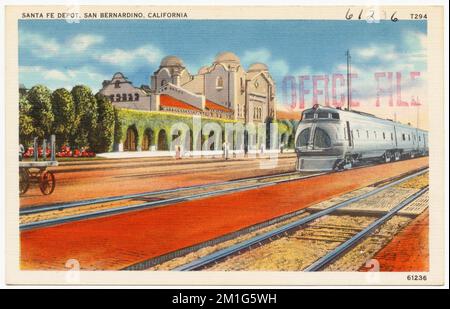 Santa Fe Depot, San Bernardino, Kalifornien, Bahnhöfe, Tichnor Brothers Collection, Postkarten der Vereinigten Staaten Stockfoto