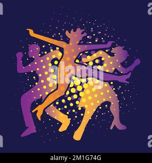 Moderner Tanz, junge Partyleute, die im Disco-Club tanzen. Ausdrucksstarke, farbenfrohe Illustration von tanzenden Menschen in Silhouetten auf schwarzem Hintergrund. Stock Vektor