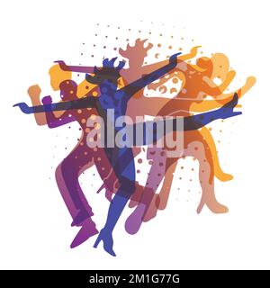 Moderner Tanz, junge Partyleute, die im Disco-Club tanzen. Ausdrucksstarke, farbenfrohe Illustration von tanzenden Menschen in Silhouetten auf schwarzem Hintergrund. Stock Vektor