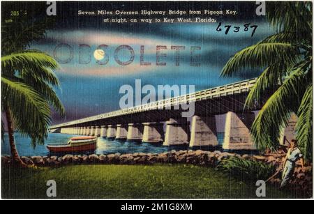 11 Meilen Oversea Highway Bridge von Pigeon Key, bei Nacht, auf dem Weg nach Key West, Florida , Bridges, Tichnor Brothers Collection, Postkarten der Vereinigten Staaten Stockfoto