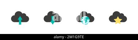 Symbole für Vektorwolken. Cloud-Computing. Mit der Cloud verbundene Geräte. Vektordarstellung Stock Vektor