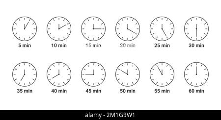 Küchen-Timer-Symbol. Garzeit Minuten. Symbole für die Zubereitungszeit von Mahlzeiten. Symbole für die Garzeit. Siedezeit. Symbole für die Frittierzeit. Vektordarstellung Stock Vektor