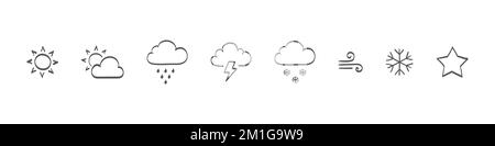 Satz gezeichneter Wettersymbole. Wettersymbole. Wettervektorsymbole. Wettersymbole Sonne und Wolken am Himmel, Regen mit Schnee, Donner und Blitz... Vektor Stock Vektor