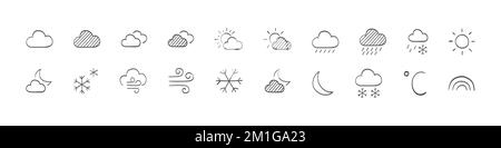 Wettersymbole. Gezeichnete Wettersymbole. Wettervektorsymbole. Symbole für Wettervorhersage. Wetterzeichen. Vektordarstellung Stock Vektor