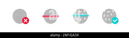 Fingerabdruck-Scan. Satz Fingerabdrucktypen mit verdrehten Linien. Symbole für Fingerabdruck-Scan mit Häkchen. Vektordarstellung Stock Vektor