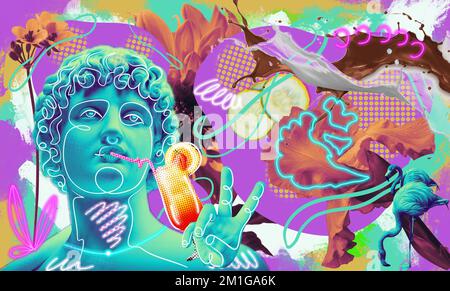 Zeitgenössischer seltsamer Clipart, eine moderne Konzeptcollage. Das Konzept von Kühlen, Ruhe und Entspannung. Die Statue eines Mannes, der einen Cocktail schlürft Stockfoto