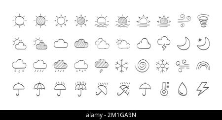 Satz gezeichneter schwarzer Wettersymbole. Wettersymbole. Wettervektorsymbole. Symbole für Wettervorhersage. Wetterzeichen. Vektordarstellung Stock Vektor