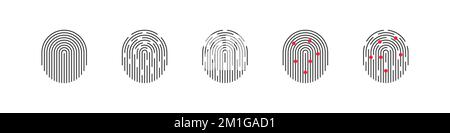 Fingerabdrücke. Satz Fingerabdrucktypen mit verdrehten Linien. Symbol für Fingerabdruck-Scan. Vektordarstellung Stock Vektor