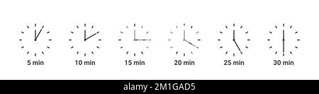 Garzeit Minuten. Symbole für die Zubereitungszeit von Mahlzeiten. Symbole für die Garzeit. Siedezeit. Symbole für die Frittierzeit. Vektordarstellung Stock Vektor