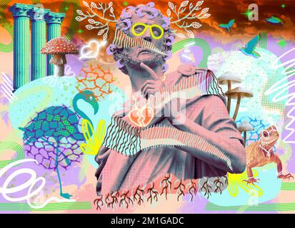 Zeitgenössischer seltsamer Clipart, eine moderne Konzeptcollage. Das Konzept der gebrochenen Liebe. Die Statue eines alten Mannes mit gebrochenem Herzen. Die Erweckung Stockfoto