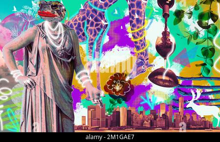 Zeitgenössischer seltsamer Clipart, eine moderne Konzeptcollage. Das Konzept, in einer Großstadt zu leben. Eine Statue einer Frau mit einem Krötenkopf auf einer Giraffe Stockfoto