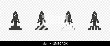 Raketensymbole bereit. Raumschiff-Start. Symbole für Raumschiffe und Raketen. Satellitenbetriebskonzept. Vektordarstellung Stock Vektor