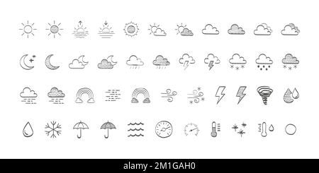 Wetter- und Meteorologiesymbole. Gezeichnete Wettersymbole. Wettersymbole Sonne und Wolken am Himmel, Regen mit Schnee, Donner und Blitze. Vektordarstellung Stock Vektor
