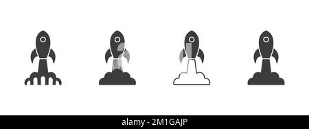 Raketensymbole. Raketenabschuss. Raumschiff-Start. Symbole für Raumschiff und Rakete. Satellitenbetriebskonzept. Vektordarstellung Stock Vektor
