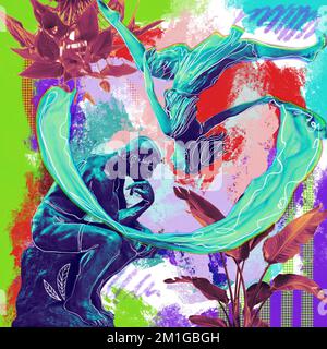 Kreative zeitgenössische, psychedelische Kunstcollage. Das Konzept von Verzweiflung und Traurigkeit, die Suche nach sich selbst, Liebe und Verständnis Stockfoto
