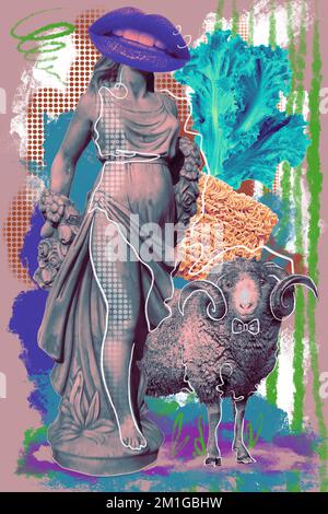 Kreative zeitgenössische, psychedelische Kunstcollage. Konzept der unglücklichen Liebe. Antike Statue einer Frau mit Lippen statt Kopf und Bock Stockfoto