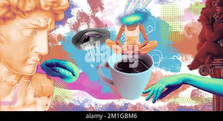 Kreative zeitgenössische, psychedelische Kunstcollage. Das Konzept der Komplexität der Morgenroutine. Eine Frau mit einer Galaxie statt einer Stockfoto