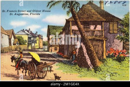 St. Francis Street und das älteste Haus, St. Augustine, Florida, historische Stätten, Tichnor Brothers Collection, Postkarten der Vereinigten Staaten Stockfoto