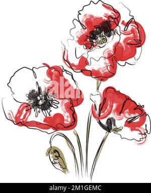 Abstrakte rote Mohnblumen. Uber die Wirkung roter Gouachefärben. Zeitgenössische Blumenkunst. Geeignet für Poster, Logos und Vorlagen. Isoliert ein Stock Vektor
