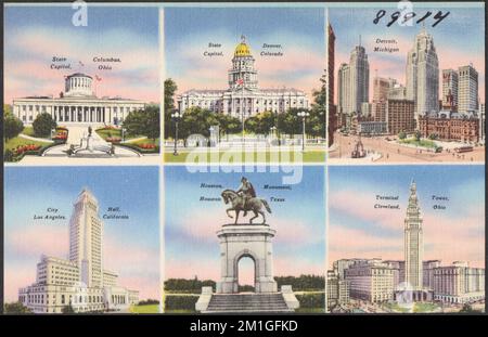 State Capitol, Columbus, Ohio. State Capitol, Denver, Colorado. Detroit, Michigan. Rathaus, Los Angeles, Kalifornien. Houston Monument, Houston, Texas. Terminal Tower, Cleveland, Ohio, Capitols, Wolkenkratzer, City & Town Halls, Monuments & Memorials, Cities & Towns, Tichnor Brothers Collection, Postkarten der Vereinigten Staaten Stockfoto
