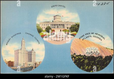 State Capitol, Columbus, Ohio. Wrigley Buildings, Chicago, Illinois. Steingesicht Mt. Memorial, Atlanta, Georgia, Denkmäler und Gedenkstätten, Kapitäne, Wolkenkratzer, Tichnor Brothers Collection, Postkarten der Vereinigten Staaten Stockfoto