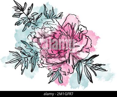 Elegante Pfingstrose mit Blättern auf weißem Hintergrund. Zeichnen Sie lineare Blumenzeichnungen auf farbigen Punkten für Logo, Avatar oder Kunst Stock Vektor