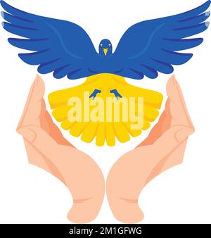 Die Hände halten eine Friedenstaube in ukrainischen Flaggenfarben. Kein Kriegskonzept. Blaue und gelbe konzeptionelle Idee – Unterstützung der Ukraine. Friedenskunst. Abstrakt Stock Vektor