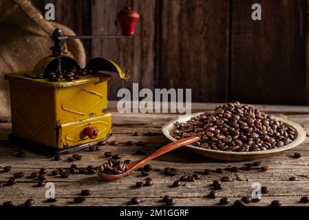 Geröstete Kaffeebohnen auf einem Teller und in einem Holzlöffel neben einem altmodischen Mahlwerk zum Mahlen von Kaffee. Stockfoto
