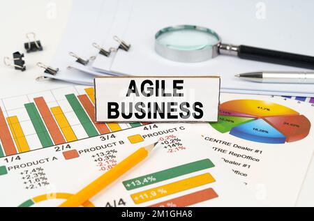 Geschäftskonzept. Auf den Geschäftsdiagrammen befinden sich eine Lupe, ein Stift und ein Schild mit der Aufschrift „Agile Business“ Stockfoto
