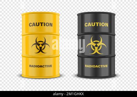 Vector 3D Realistic Yellow Barrel, Gefahrenstoffe. Vorsicht, radioaktive, gefährliche chemische Materialien, toxische Verschmutzung, Danger Barrel Set mit Stock Vektor