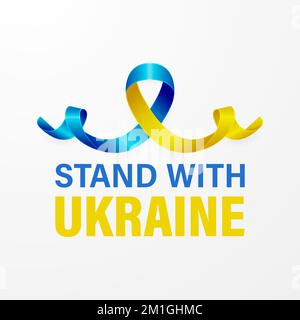 Stehe mit der Ukraine. Anti war Call mit dem Smbol des Friedens mit blauem und gelbem Seidenband. Farben Der Ukrainischen Flagge. Kampf, Protest, Unterstützung Der Ukraine Stock Vektor