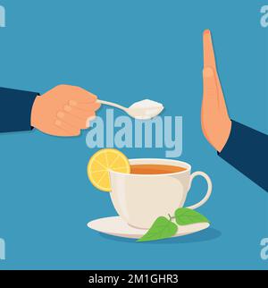 Zuckerfrei. Kein Zuckerzeichen. Eine Illustration des Verbots- oder Verbotszeichens auf verschiedenen Arten von Süßwaren EPS10 Stock Vektor