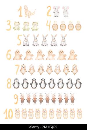 Wasserfarbenes, kindliches Poster mit niedlichen Tieren und Zahlen. Babyfiguren in Beige. Einrichtung eines Kinderzimmers. Perfekt für Einladungen und Grußkarten Stockfoto