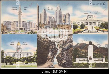 Terminal Tower, Cleveland, Ohio. Detroit, Michigan. State Capitol, Columbus, Ohio. State Capitol, Denver, Colorado. Colorado Springs, Colorado Sieben Wasserfälle. „This is the Place“ Monument, Salt Lake City, Utah , Wolkenkratzer, Städte, Kapitole, Denkmäler und Gedenkstätten, Wasserfälle, Tichnor Brothers Collection, Postkarten der Vereinigten Staaten Stockfoto