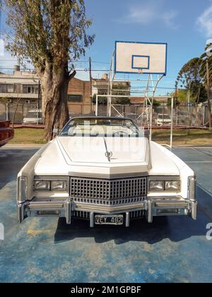 Lanus, Argentinien - 24. September 2022: Altes weißes 1976 Cadillac Eldorado Cabrio, zwei Türen in einem Park. Natur, Bäume. 2022 AAA Oldtimer-Show. Kopierraum Stockfoto