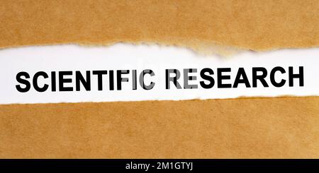 Bildungskonzept. In der Mitte des Handwerkspapiers gibt es eine Lücke, in der sich eine Inschrift auf weißem Hintergrund befindet - Scientific Researc Stockfoto
