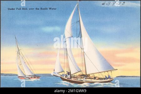 Unter einem vollen Segel, über dem sonnigen Wasser, Segelboote, Seen, Tichnor Brothers Collection, Postkarten der Vereinigten Staaten Stockfoto