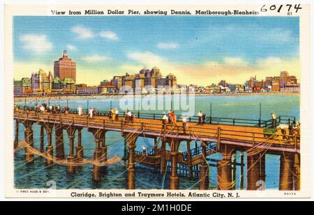 Blick vom Million Dollar Pier, mit Dennis, Marlborough-Blenheim, Claridge, Brighton und Traymore Hotels, Atlantic City, N. J. , Hotels, Piers & Wharves, Tichnor Brothers Collection, Postkarten der Vereinigten Staaten Stockfoto