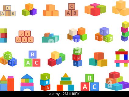 Symbole für untergeordnete Bausteine setzen einen Cartoon-Vektor. Holzspielzeug. Kinderblock Stock Vektor