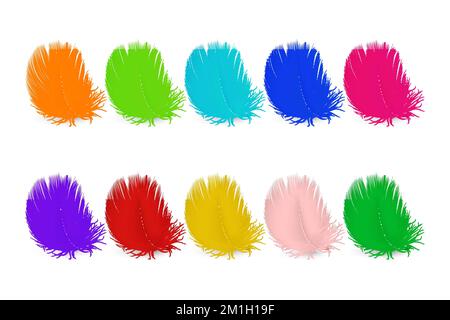 Vector 3D realistisches mehrfarbiges flauschiges Federset, isoliert auf weißem Hintergrund. Designvorlage für Flamingo, Angel, Vogelfedern Stock Vektor