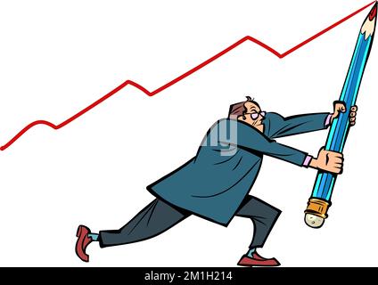 Ein männlicher Geschäftsmann zeichnet ein Umsatzdiagramm mit einem großen Bleistift, Wirtschaftsindikatoren Konzept Stock Vektor