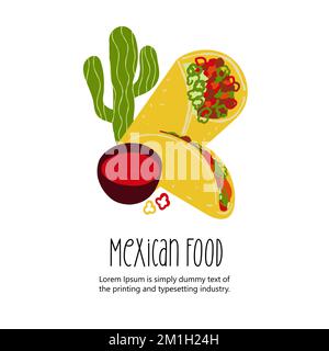 Mexikanisches Essen Tacos und Burrito isoliert auf weißem Hintergrund Stock Vektor