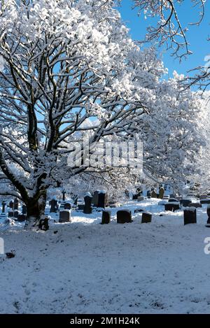 Aufgenommen in Rossendale Lancashire am 11. Dezember 2022. Grabgarten mit Grabsteinen im Winter. Schnee auf dem Boden und Frost auf den Bäumen Stockfoto