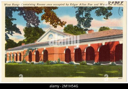 West Range mit Räumen, die einst von Edgar Allan Poe und Woodrow Wilson belegt wurden. , Tichnor Brothers Collection, Postkarten der Vereinigten Staaten Stockfoto