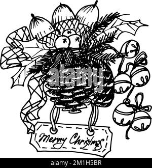 Schwarzweiß-Farbdarstellung für „Merry Christmas“ und „Happy New Year“-Druckdesign. Malbuch-Seitendesign für Erwachsene oder Kinder Stock Vektor