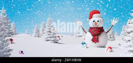 Glücklicher Schneemann mit offenen Armen in Winterlandschaft. Merry Christmas und Happy New Year Concept 3D Rendern sie die 3D-Darstellung Stockfoto