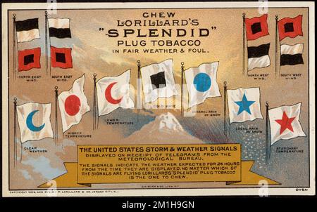 Kauen Sie Lorillards "Splendid"-Tabak, bei gutem Wetter und schmutzig. , Flaggen, rauchloser Tabak, amerikanische Handelskarten des 19.. Jahrhunderts Stockfoto