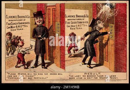 Clarence Brooks & Co., Hersteller von Lackierungen für Reisebusse. "Bitte, Mister, würden Sie die zweite Glocke für mich fünfmal läuten?" Gewiss, mein Junge. Ergebnis. Die Dame im 2. Stock wartet schon lange auf Master Tommy. , Jungen, Herren, Farben und Lacke, amerikanische Handelskarten des 19.. Jahrhunderts Stockfoto